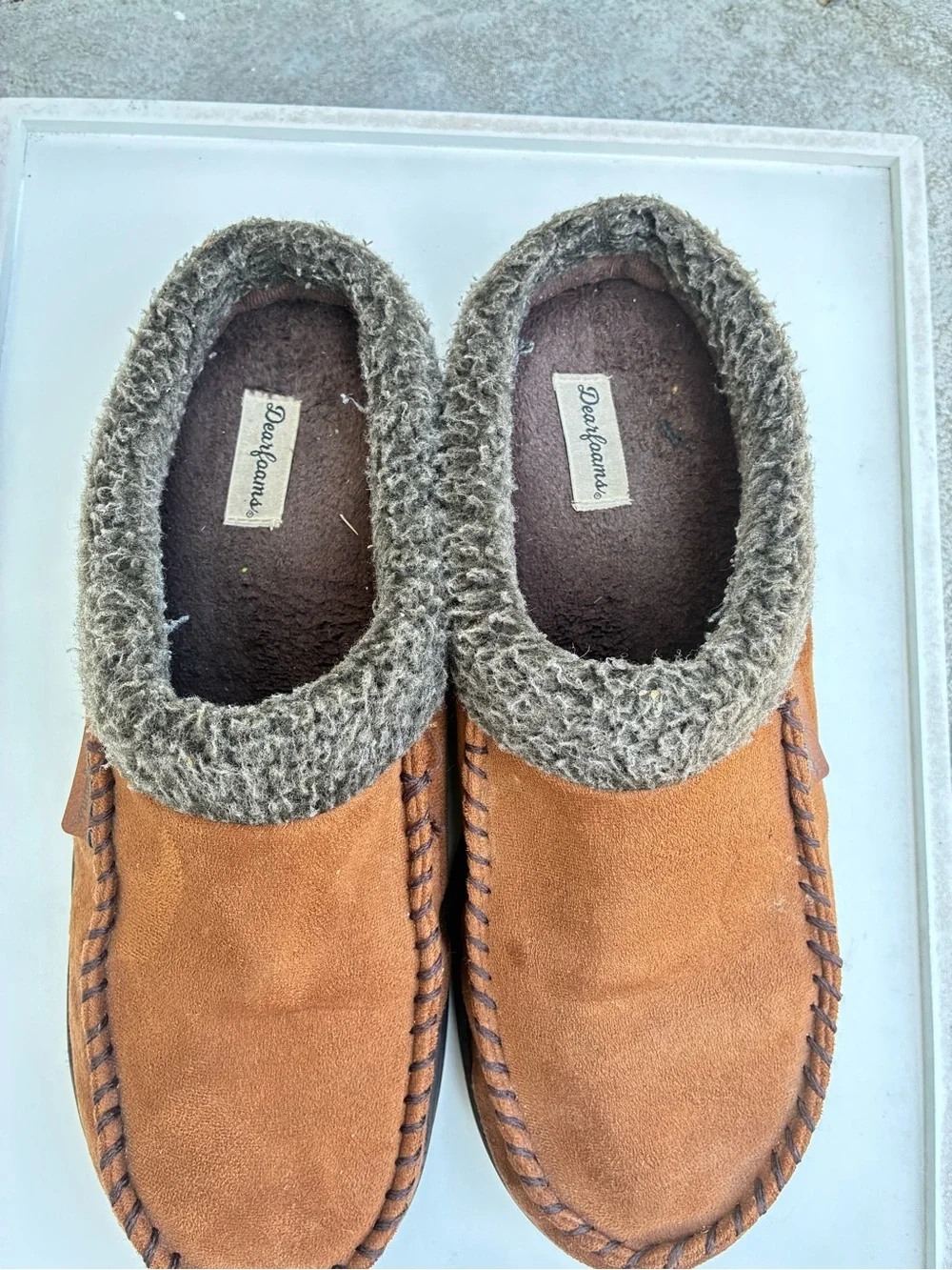 dearfoams Chestnut Suede Moccasin Slippers with Gray Knit Collar